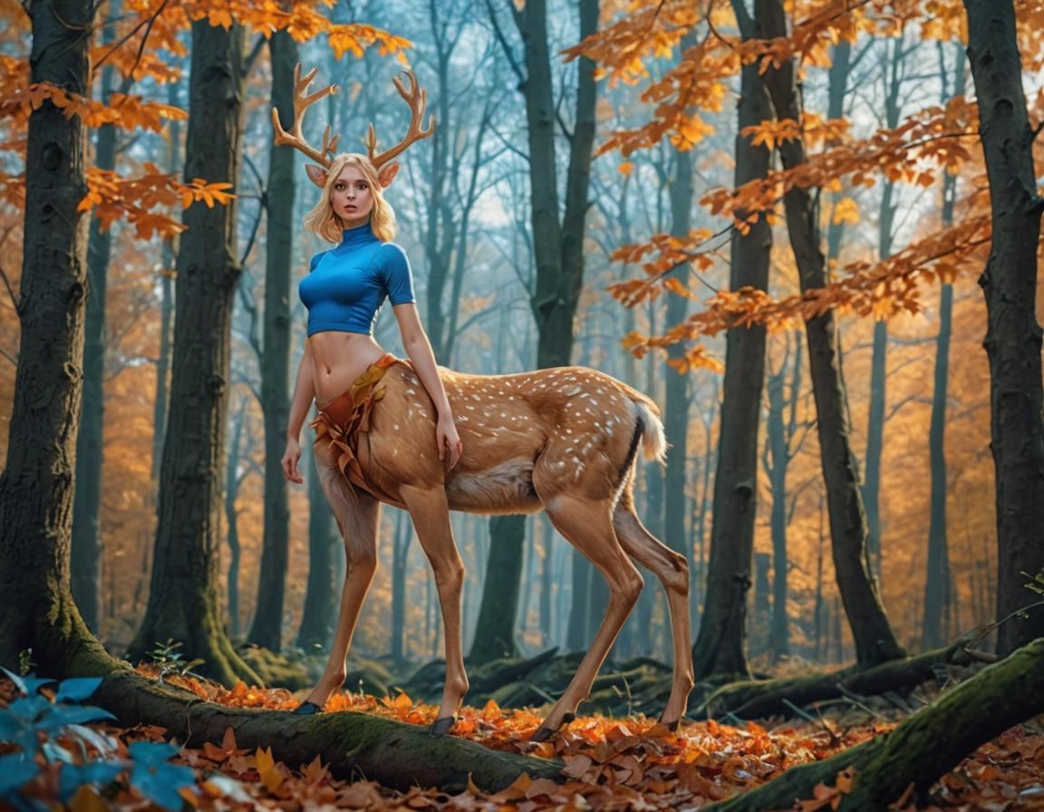 Blonde Female Deertaur in Autumn Forest Clearing