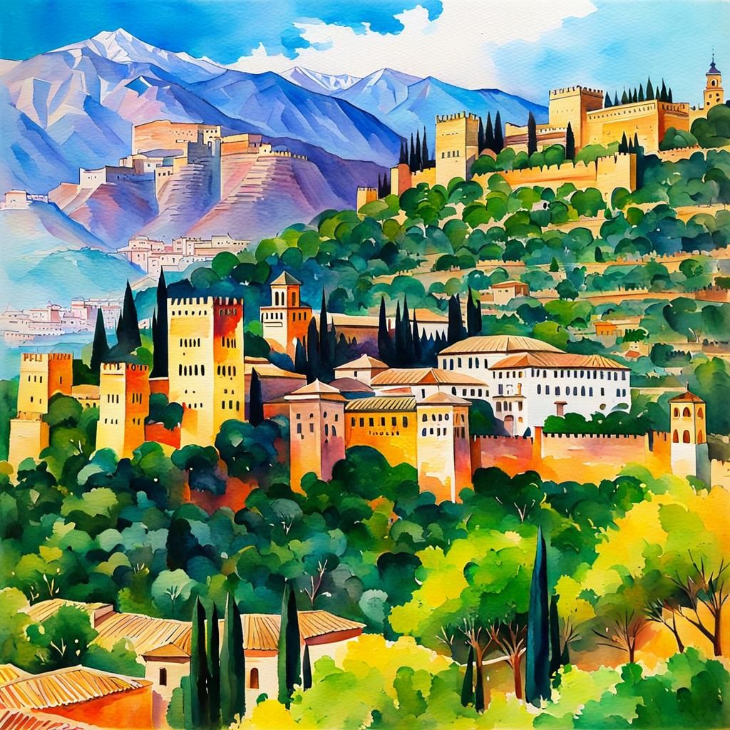 Alhambra Palace: Watercolor Impressionist Gouache Masterpiec...