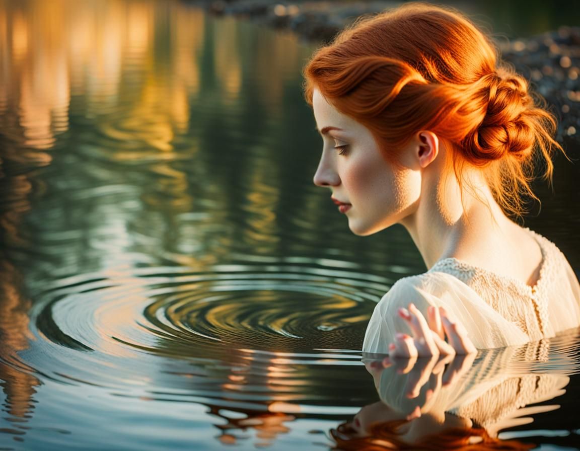 Redhead Reflects in Water: A Romantic Impression