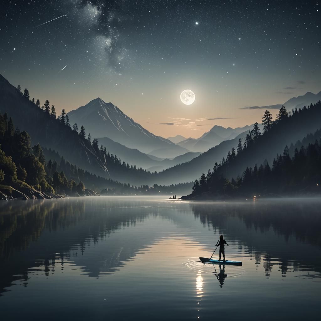 Midnight Paddle Boarding on Serene Mountain Lake
