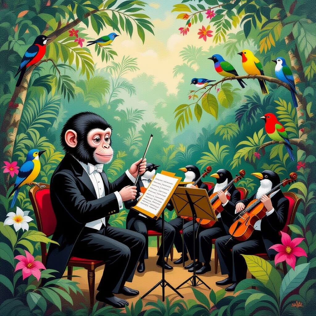 Monkey Conductor in Rainforest, Naive Art Style