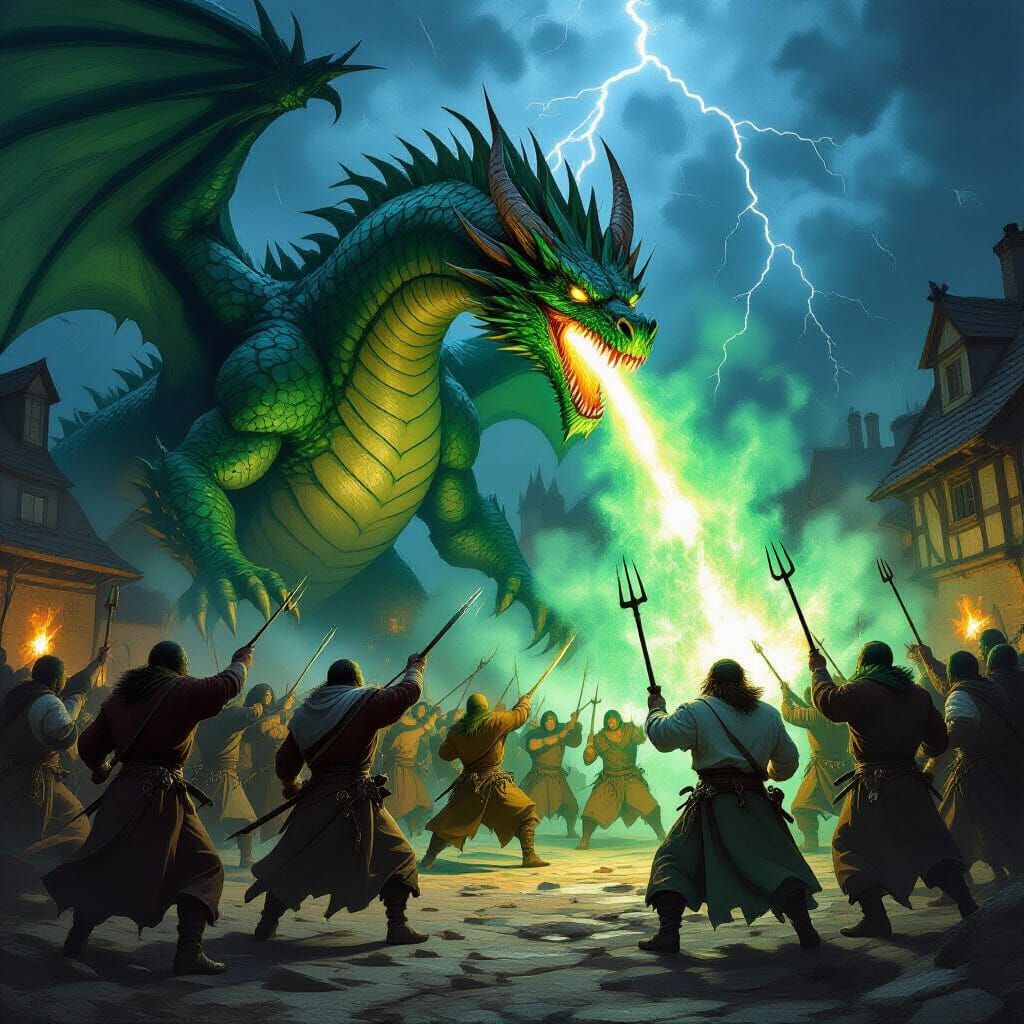 Peasants Defend Village From Emerald Dragon in Baroque Style
