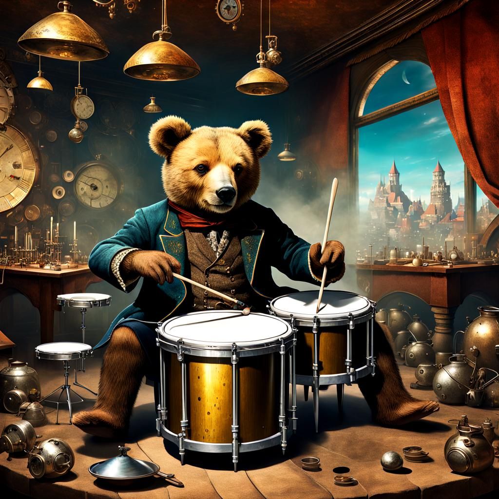 Radical Steampunk Teddy Bear playing Timbales