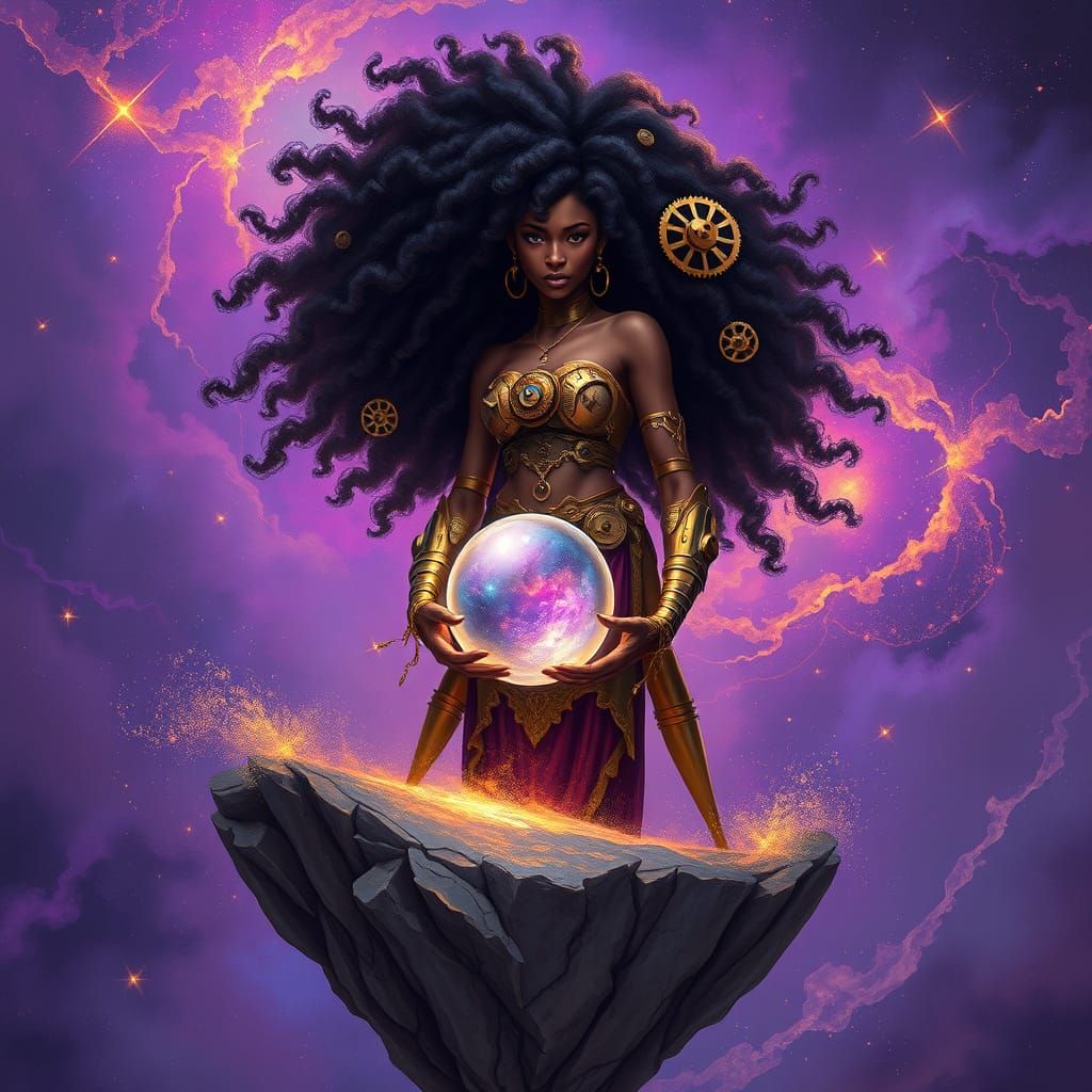 Steampunk Woman on Floating Island Amidst Nebula