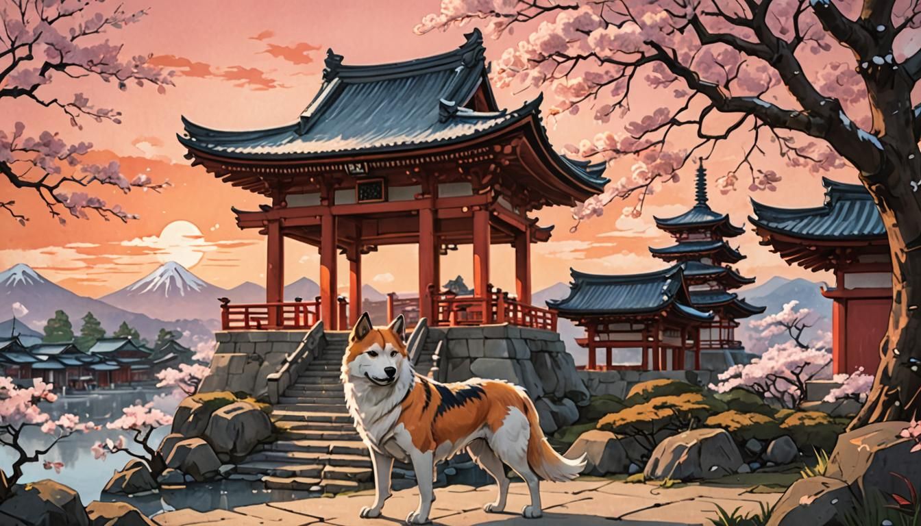 Okami Dog at Japanese Temple Sunset