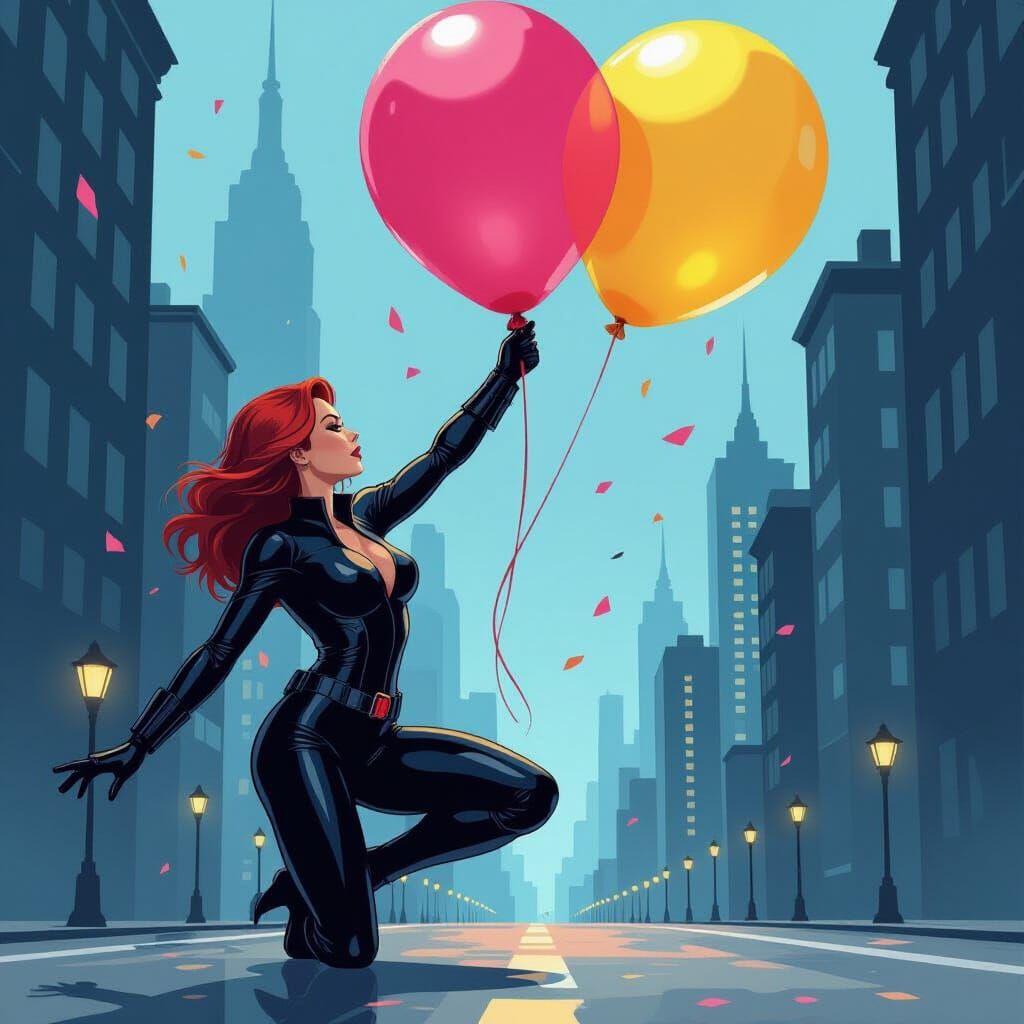 Black Widow Celebrates with Balloon, Comic Book Style