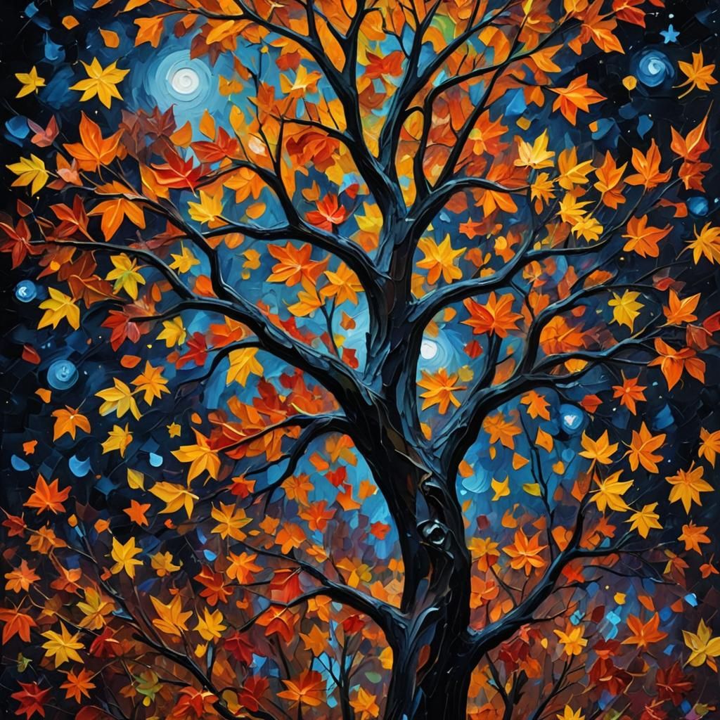 Autumn Tree Under Starry Sky: Neo-Impressionist Oil Painting