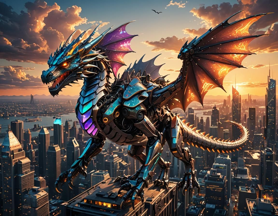Robotic Dragon Soars Over Cyberpunk Cityscape