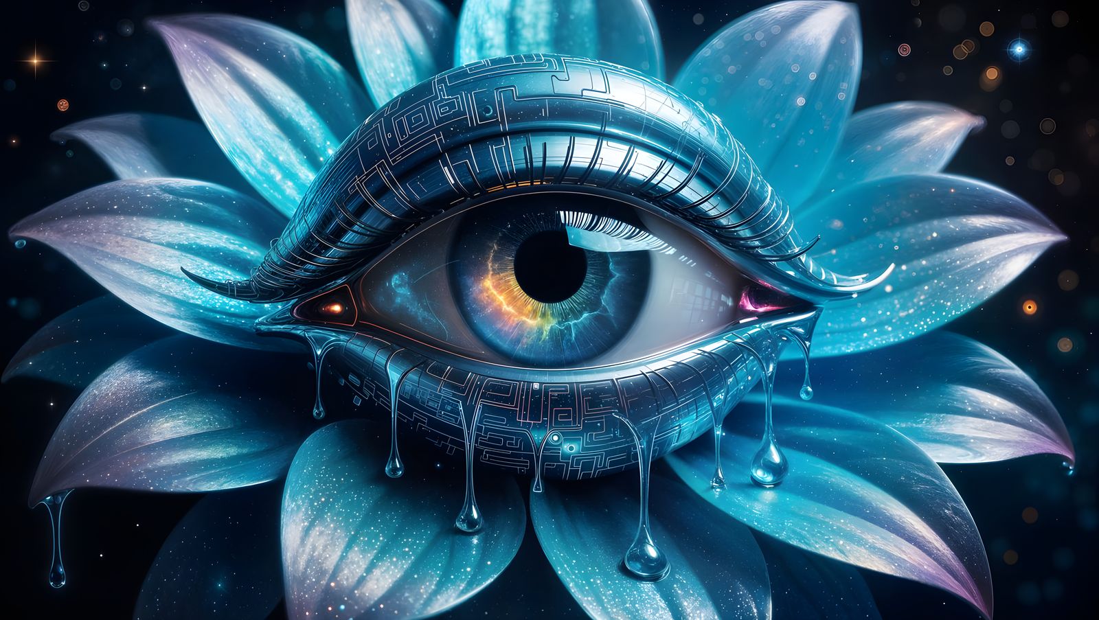 Futuristic Eye Blossoms Among Cosmic Star Flowers