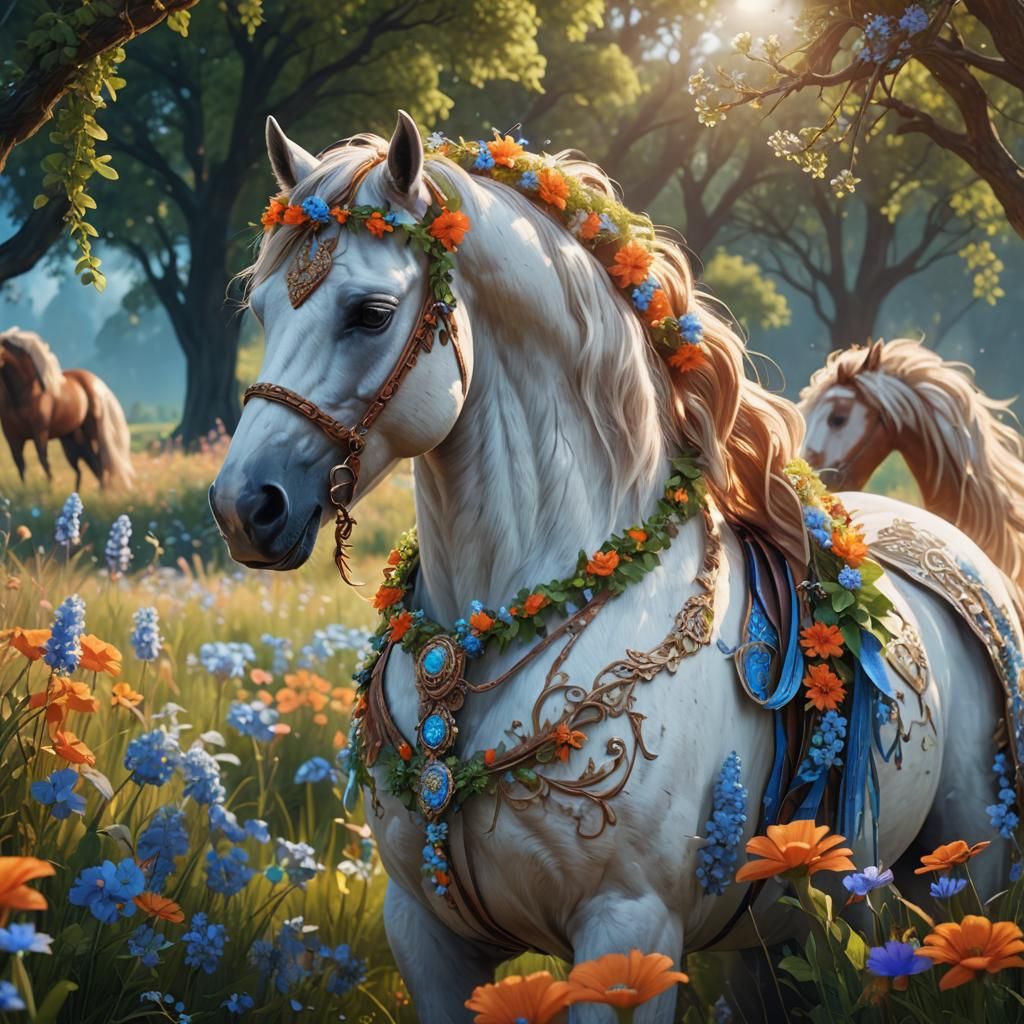 Bridal Horse in Lush Meadow: Fantasy Concept Art