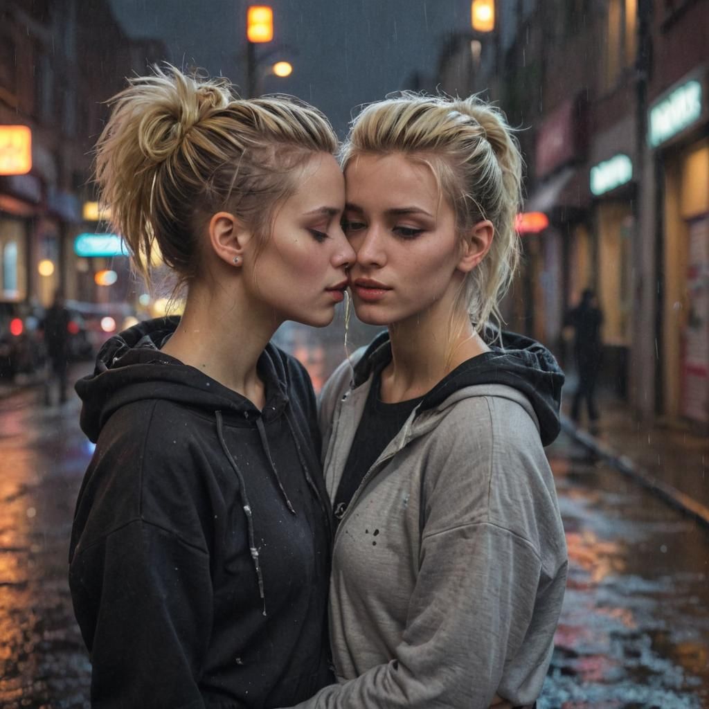 Romantic Embrace in Rainy City, Greg Rutkowski Style