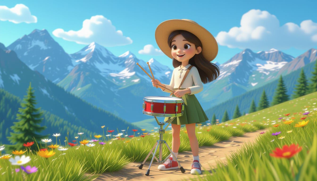 Cheerful Girl Drummer in Pixar-Style Alpine Valley
