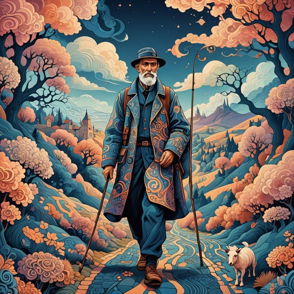 Old Shepherd in Dreamlike Surrealistic Vector Art