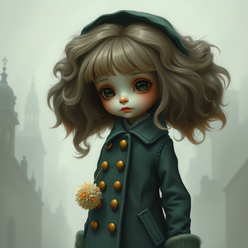 Melancholic Doll in Foggy Cityscape
