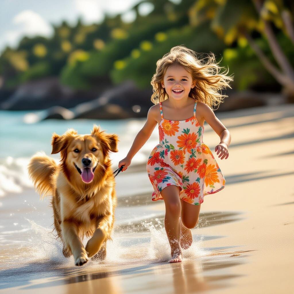 Joyful Girl and Dog Run on Sunlit Beach