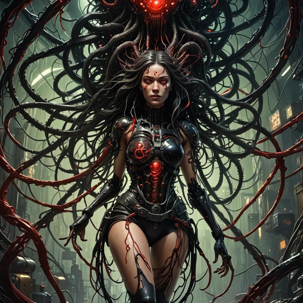 Biopunk Woman with Cybernetic Enhancements in Eldritch Horro...