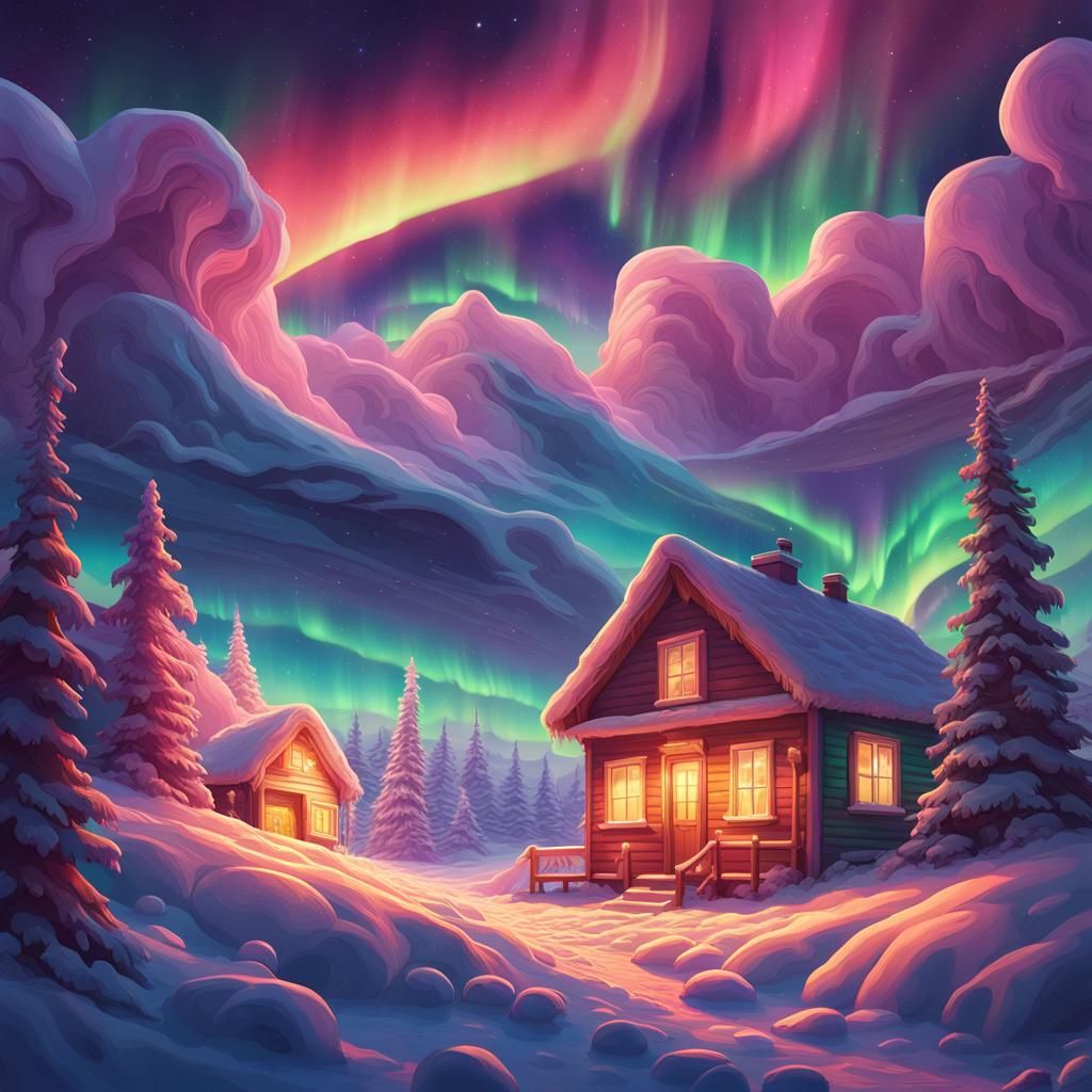 Colorful Northern Lights in Candy Art Style