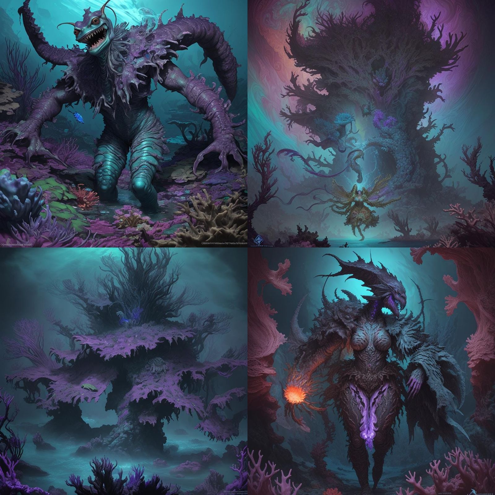 Cyberpunk Inspired Dark Fantasy Battle Scene on a Coral Reef