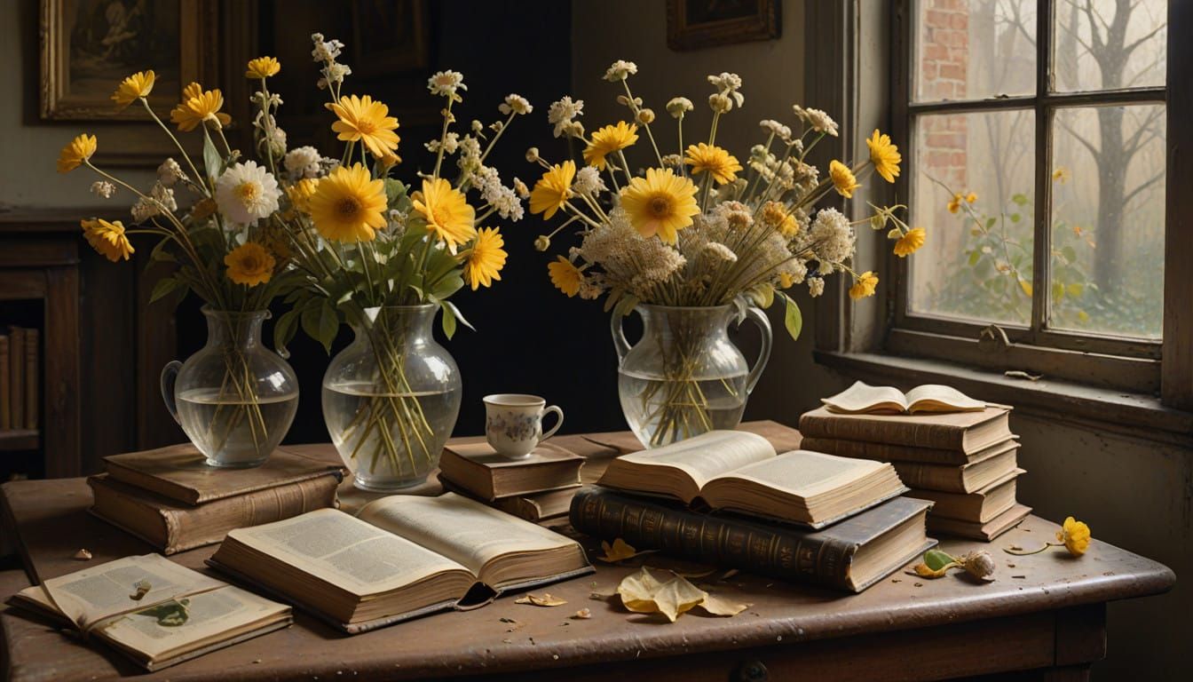 Worn Leather-Bound Tomes Amidst Forgotten Blooms