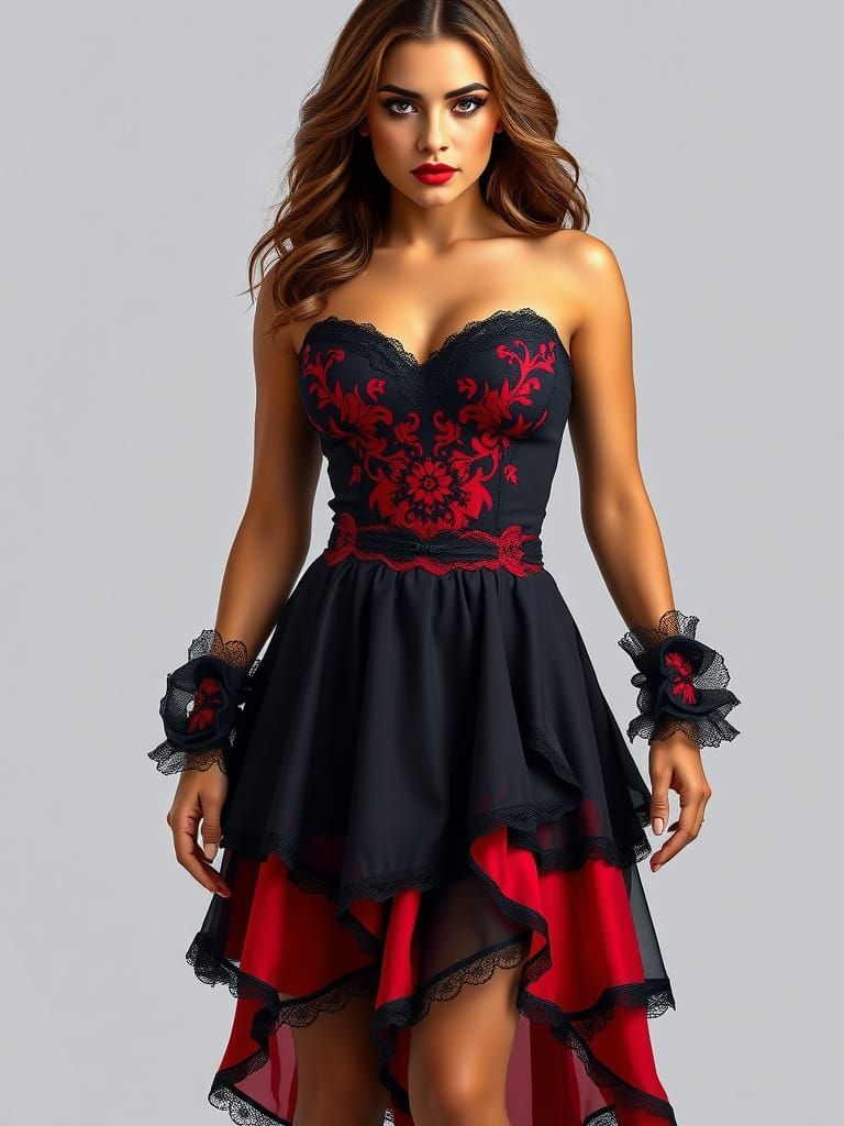 Gothic Mexican Woman in Red and Black Dress