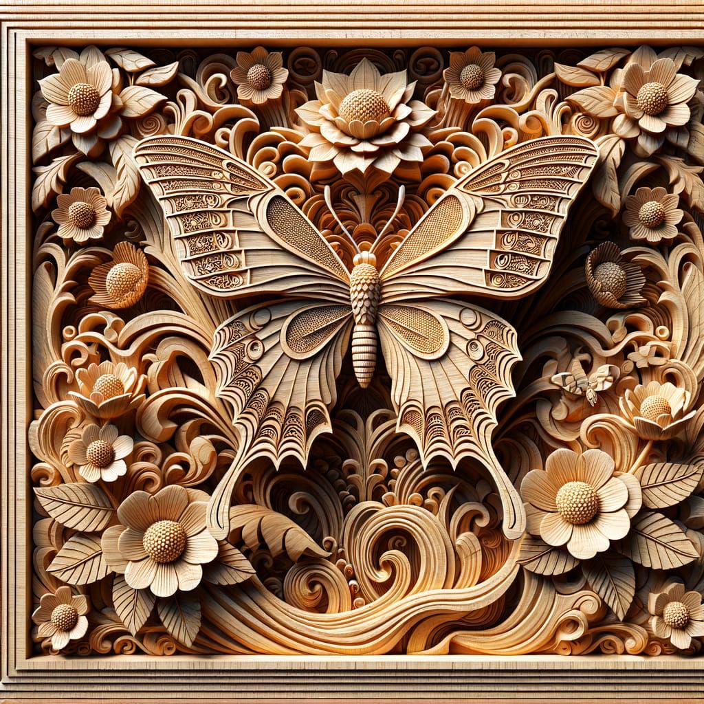 Detailed 3D Wood Carving of a Butterfly