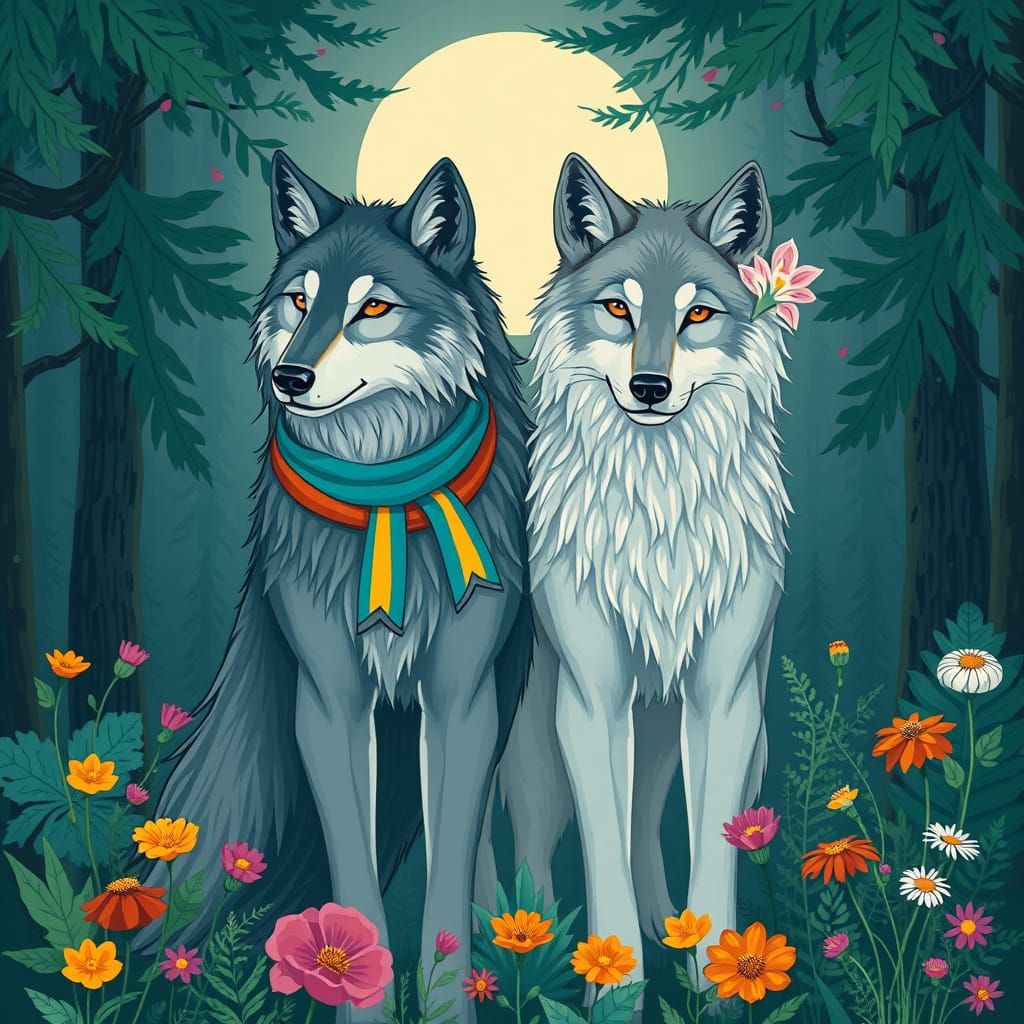 Moonlit Wolves in Whimsical Harmony