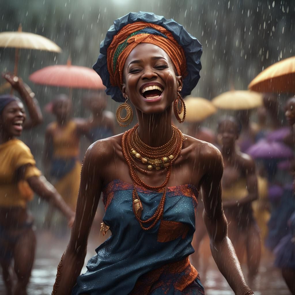 Joyful African Women Dancing in the Rain