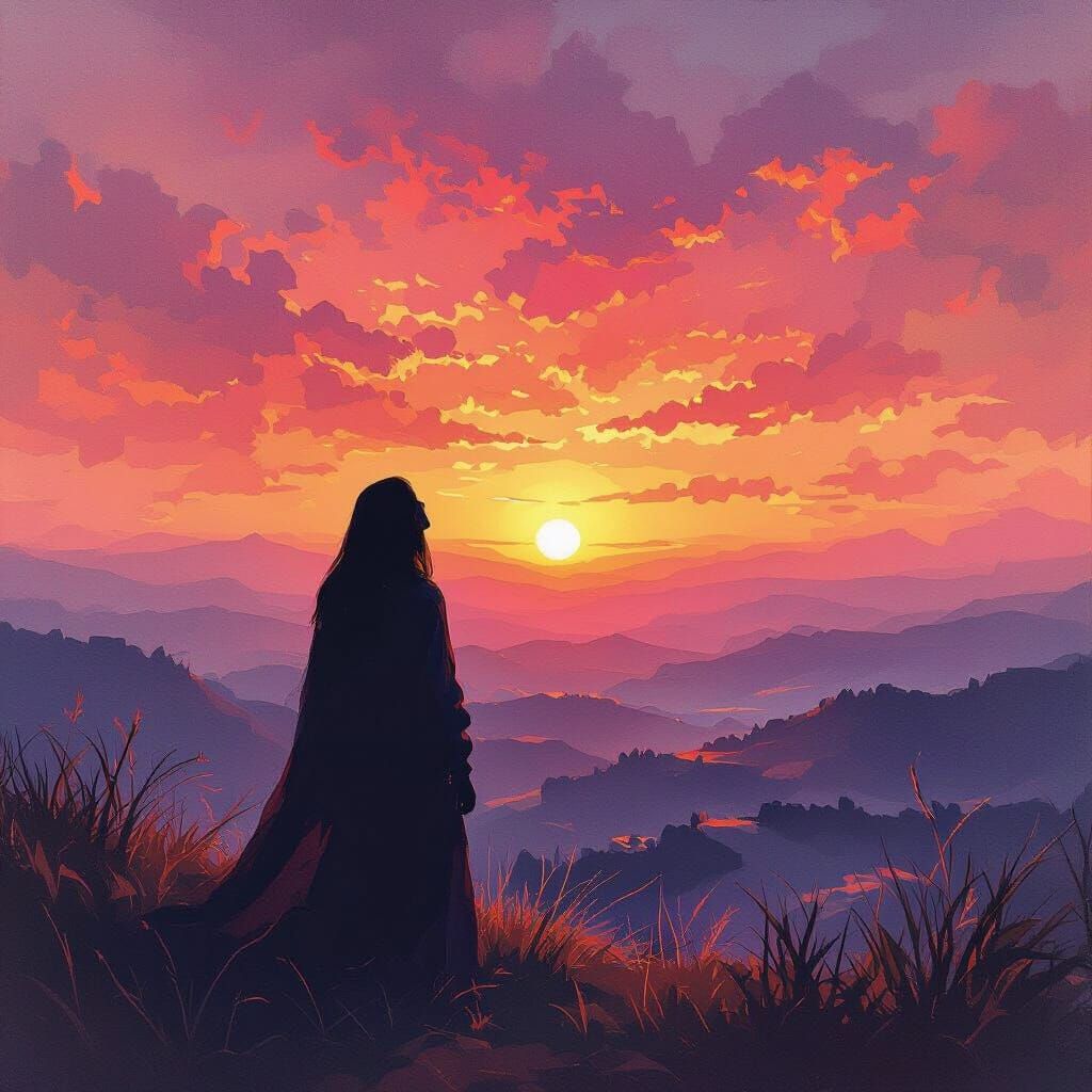 Ethereal Figure Gazes at Vibrant Sunset in Gouache Style
