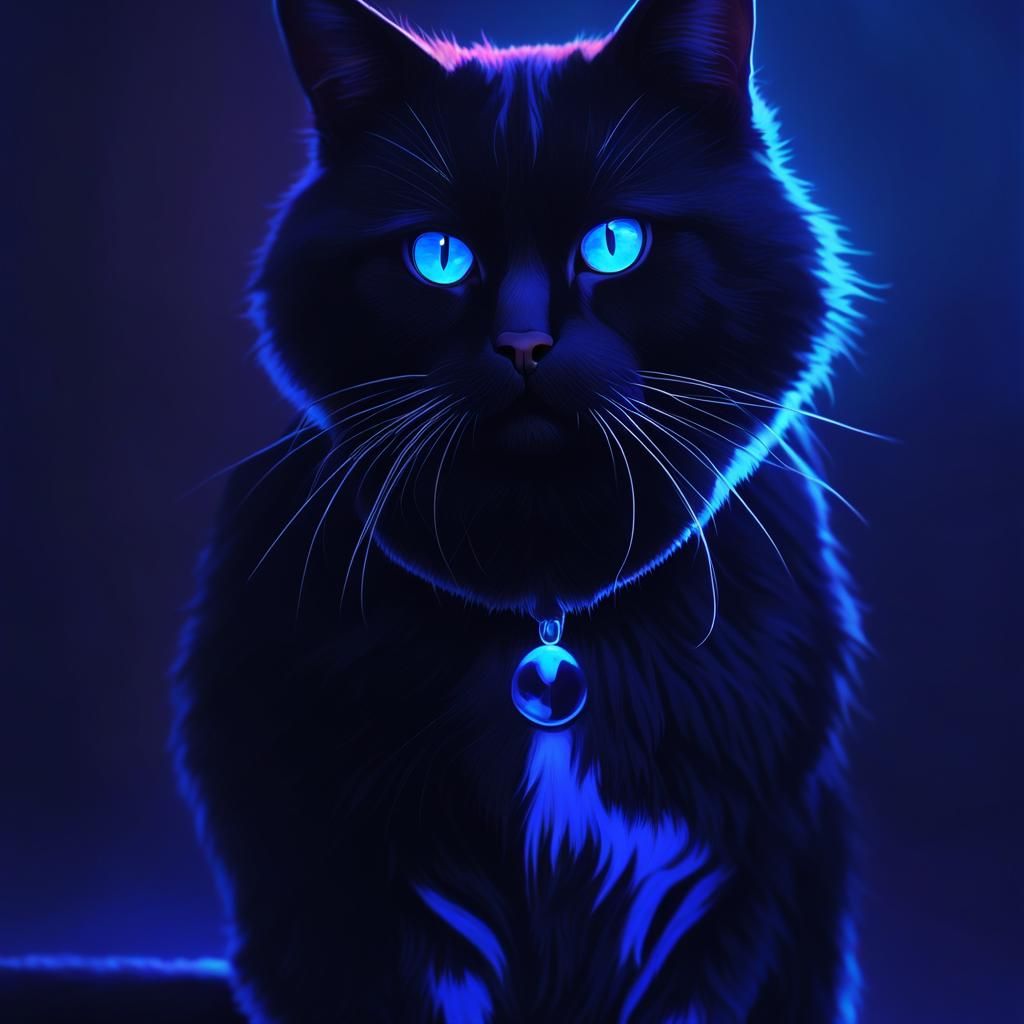 Realistic Black cat with vibrant blue background& realistic ...