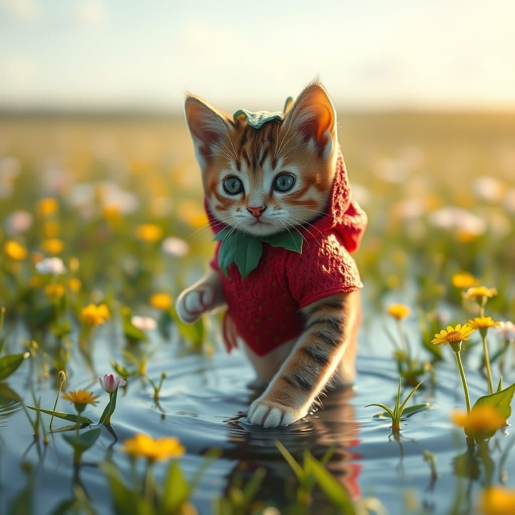 Whimsical Kitten Stepping into a Vibrant Infinite Meadow