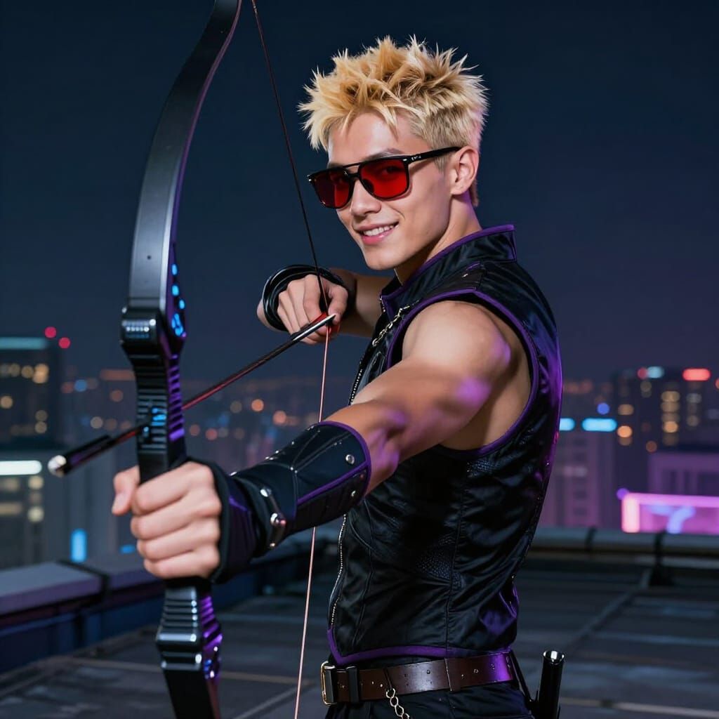 Futuristic Archer on Rooftop at Night