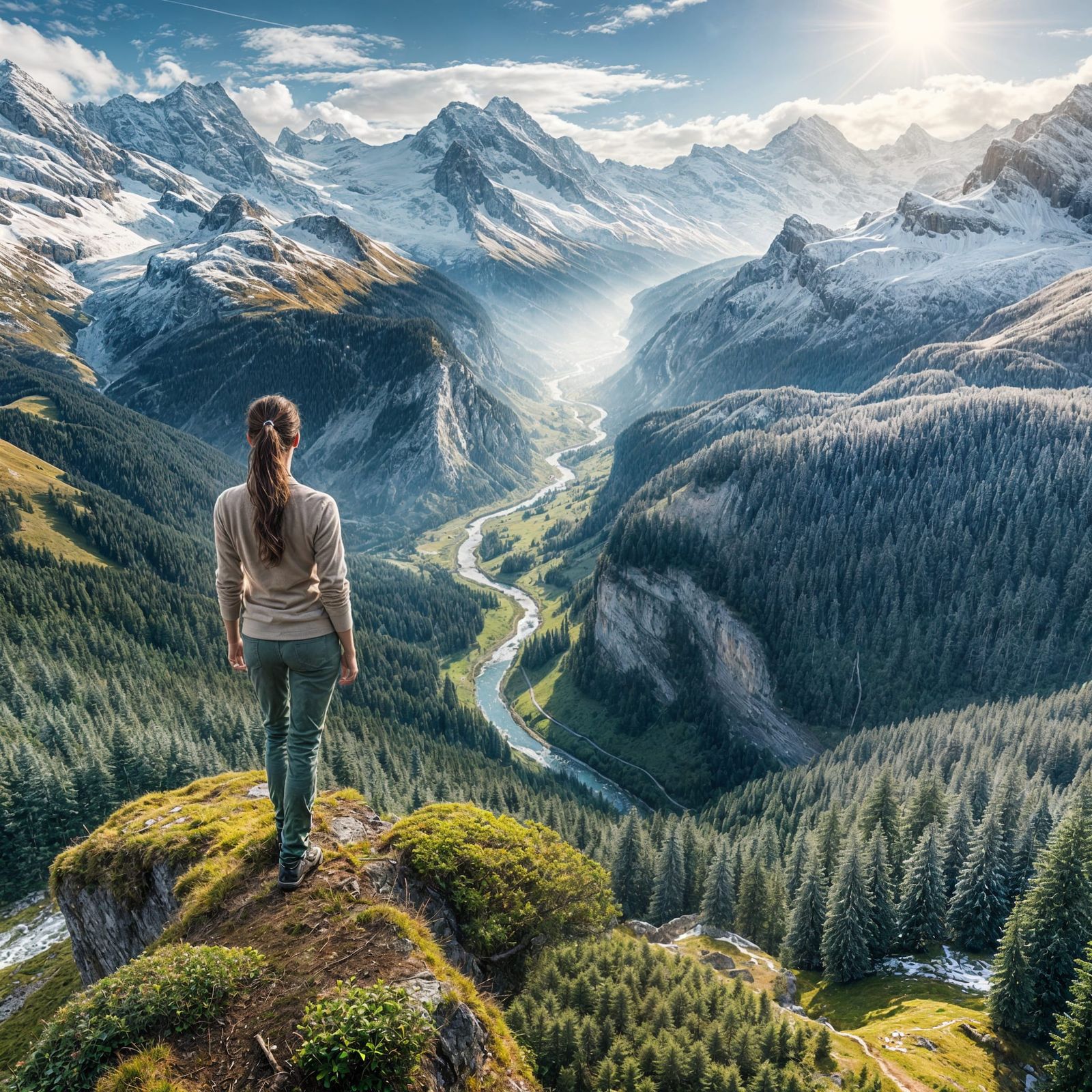 Swiss Mountain Overlook with Snow-Draped Peaks