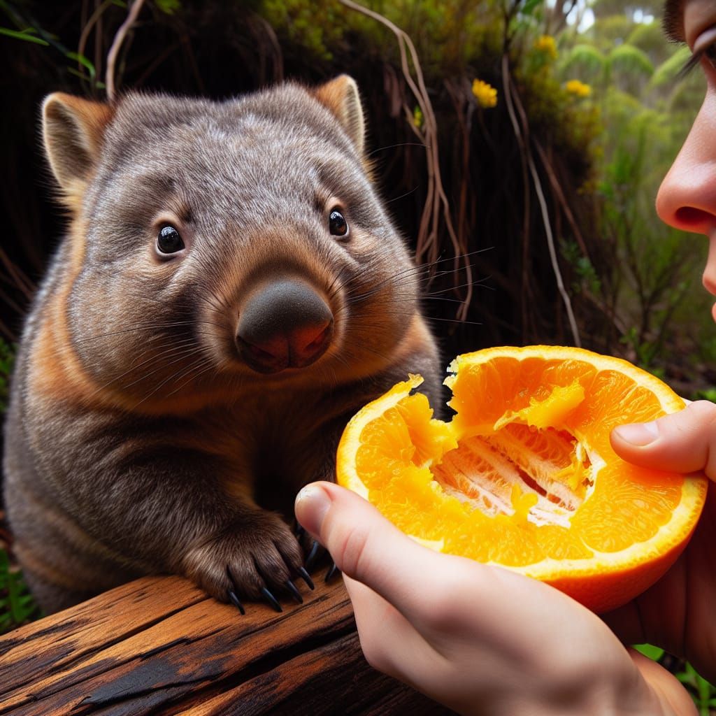 Skeptical Wombat Observes Orange Eater in Bush