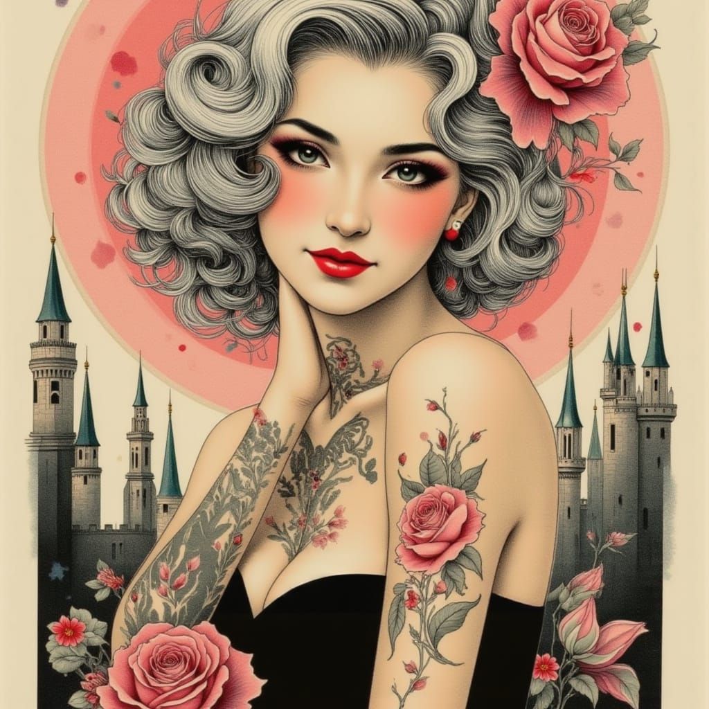 Vintage Fantasy Portrait: Silver Hair Woman with Roses