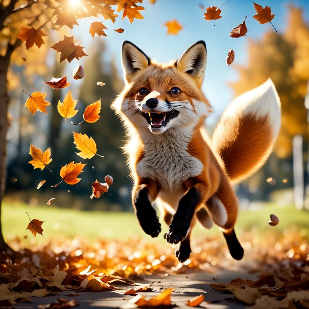 Happy Fox Leaping in Autumn Sunlight