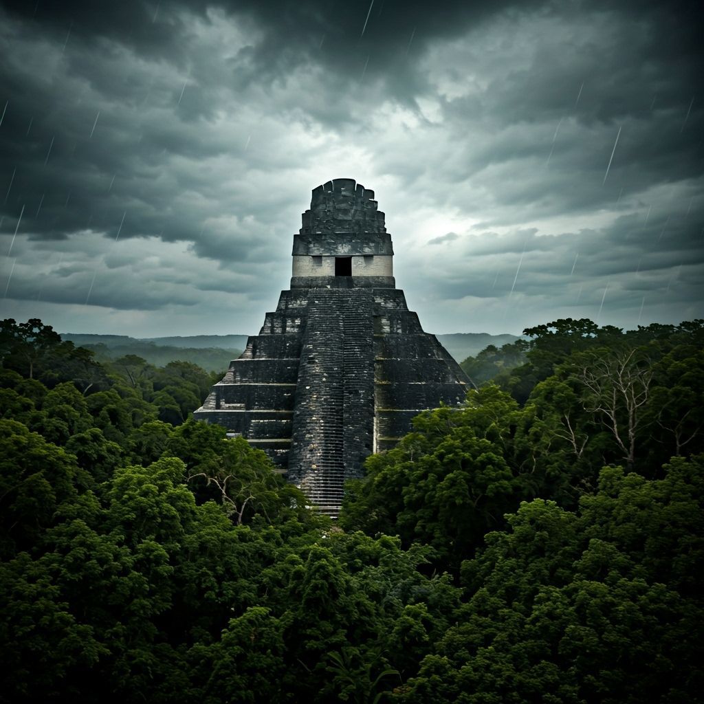 Mysterious Mayan Pyramid in Dark Tropical Forest