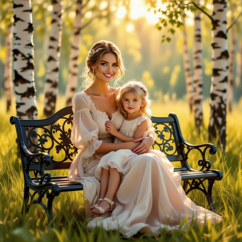 Woman and Girl on Bench in Birch Grove