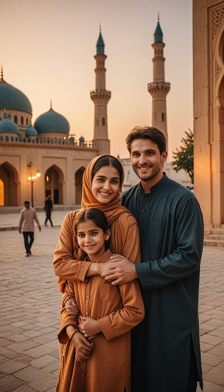 Warm Sunset Glow Illuminates a Family's Joyful Moment in Fro...