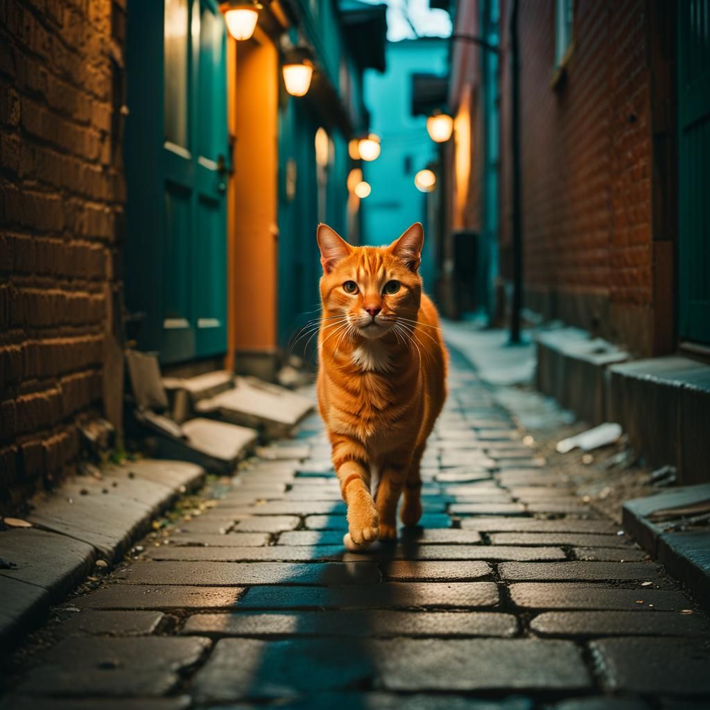 Puzzled Orange Tabby Cat in Dimly Lit Alleyway