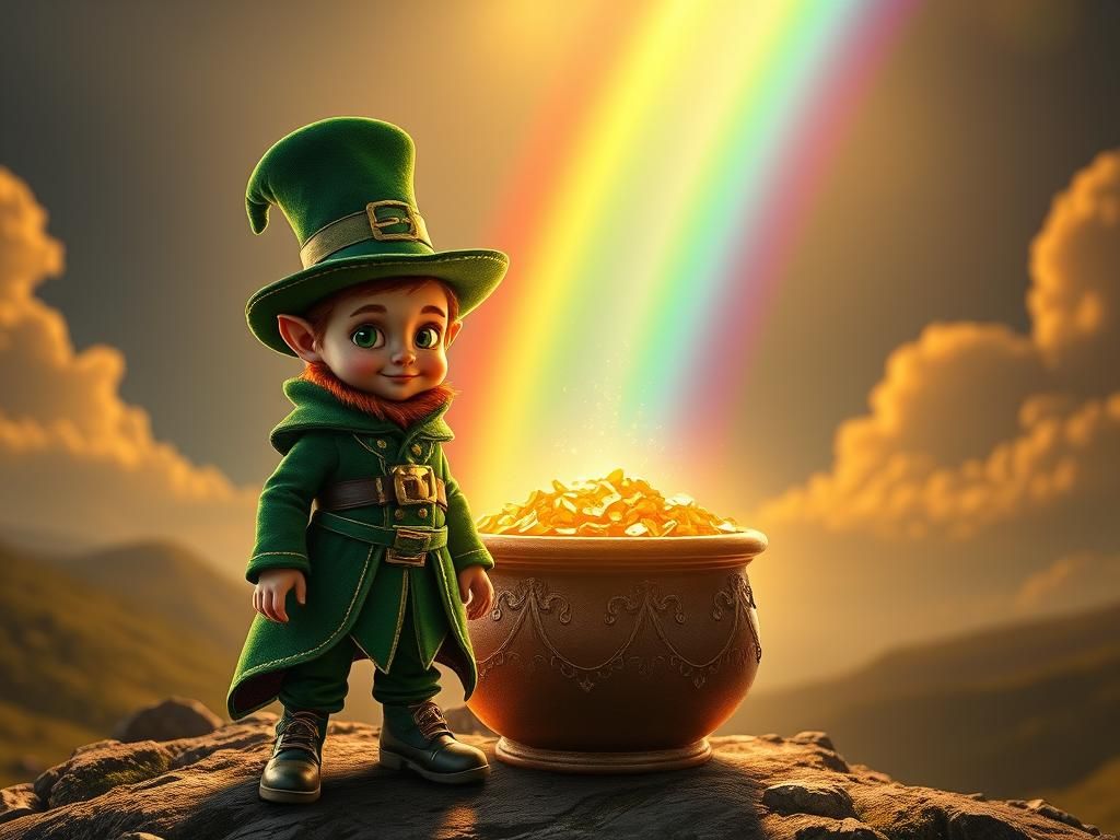 Leprechaun Guards Pot of Gold at Rainbow's End
