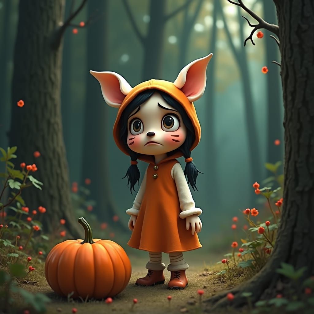 Sad Girl in Woods: Tim Burton Cartoon Style