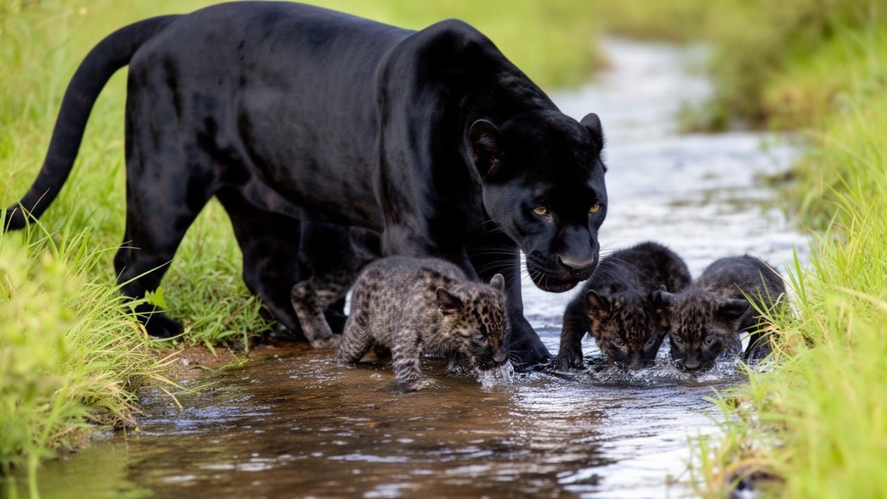 Black Panther Family Drinks From Gentle Stream