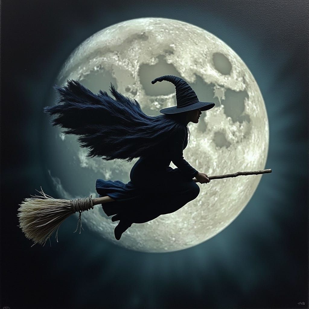 Witch Flying on Broomstick Against Full Moon