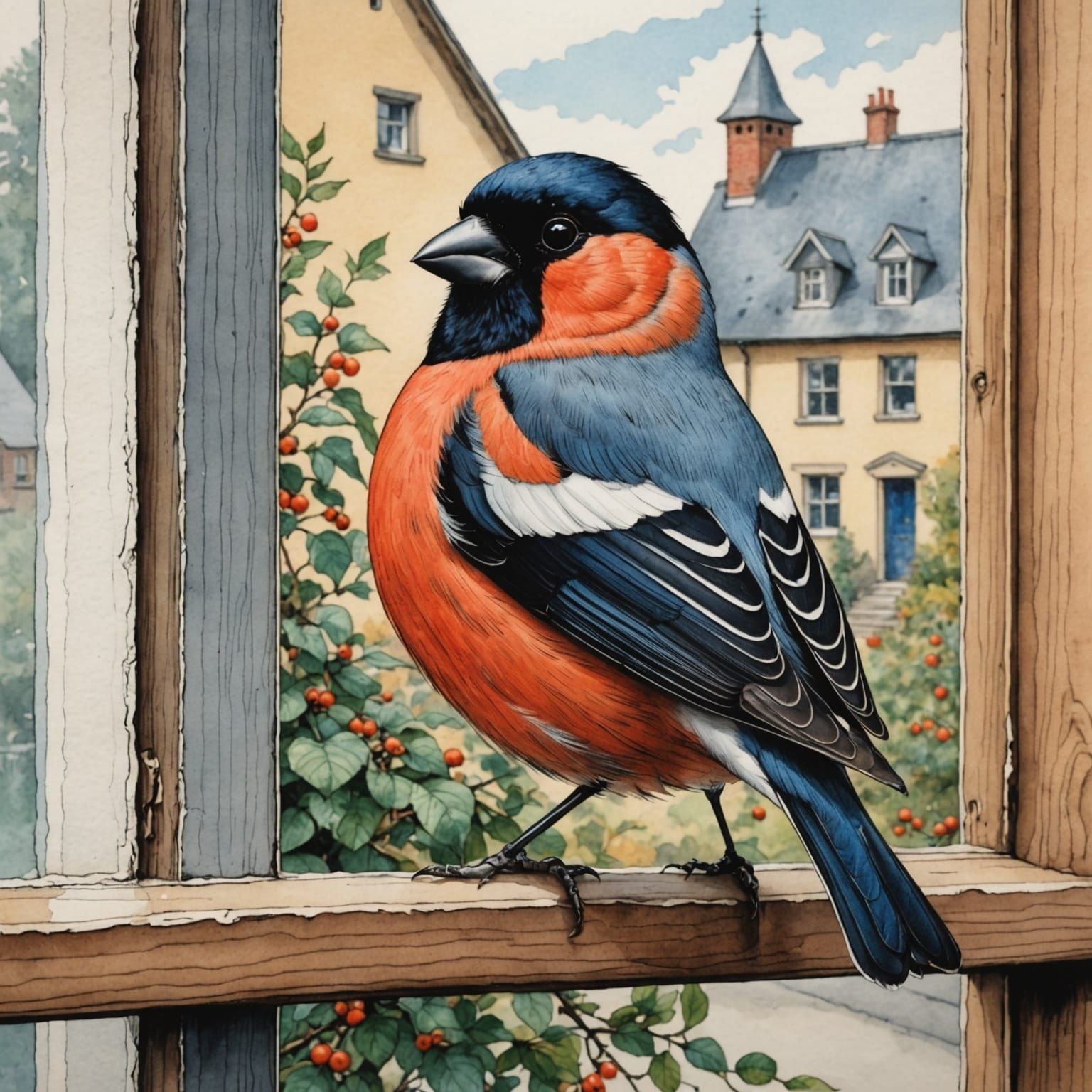 Vibrant European Bullfinch on a Windowsill Drawing