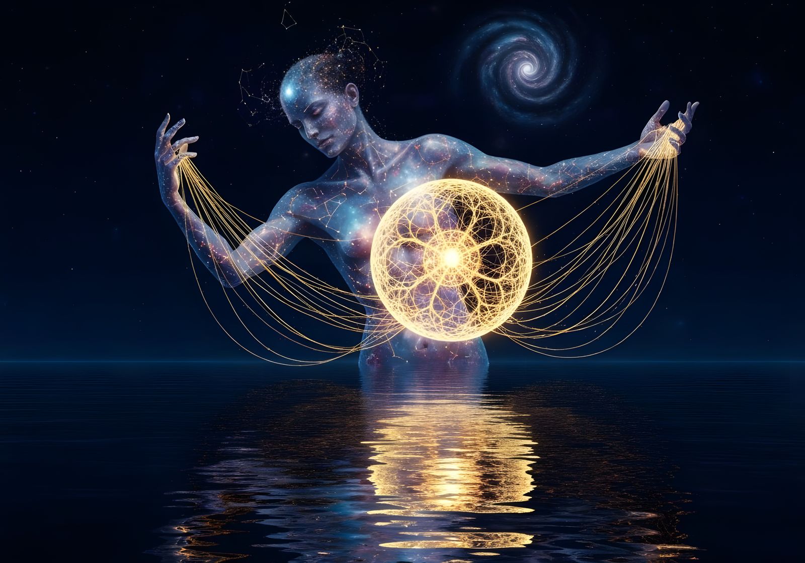 Cosmic Being Weaves Neural Network Sphere in Symbolist Style