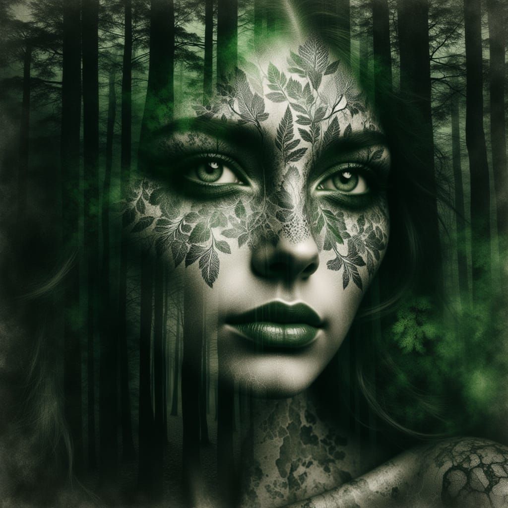 Ethereal Woman's Face Merged with Ancient Forest