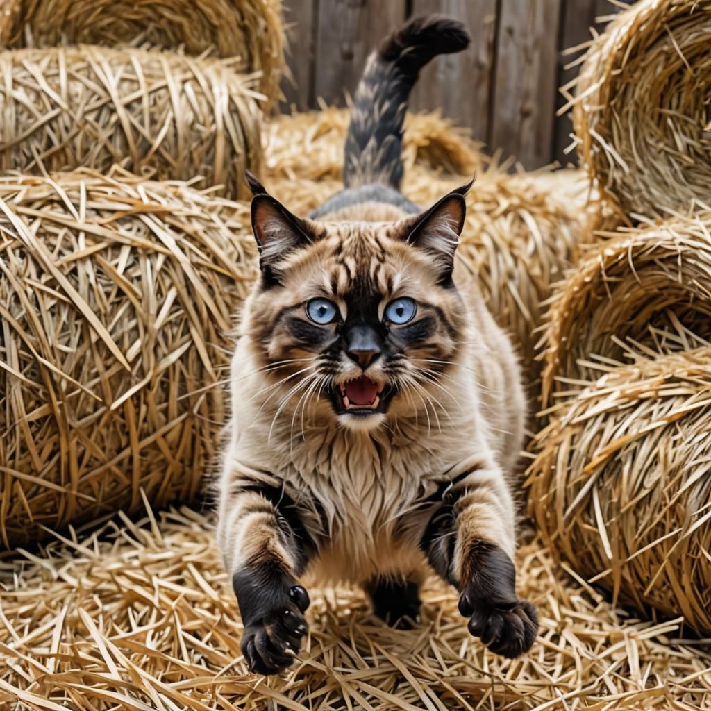 Excited Siamese Cat-Tiger Leaping into Hay