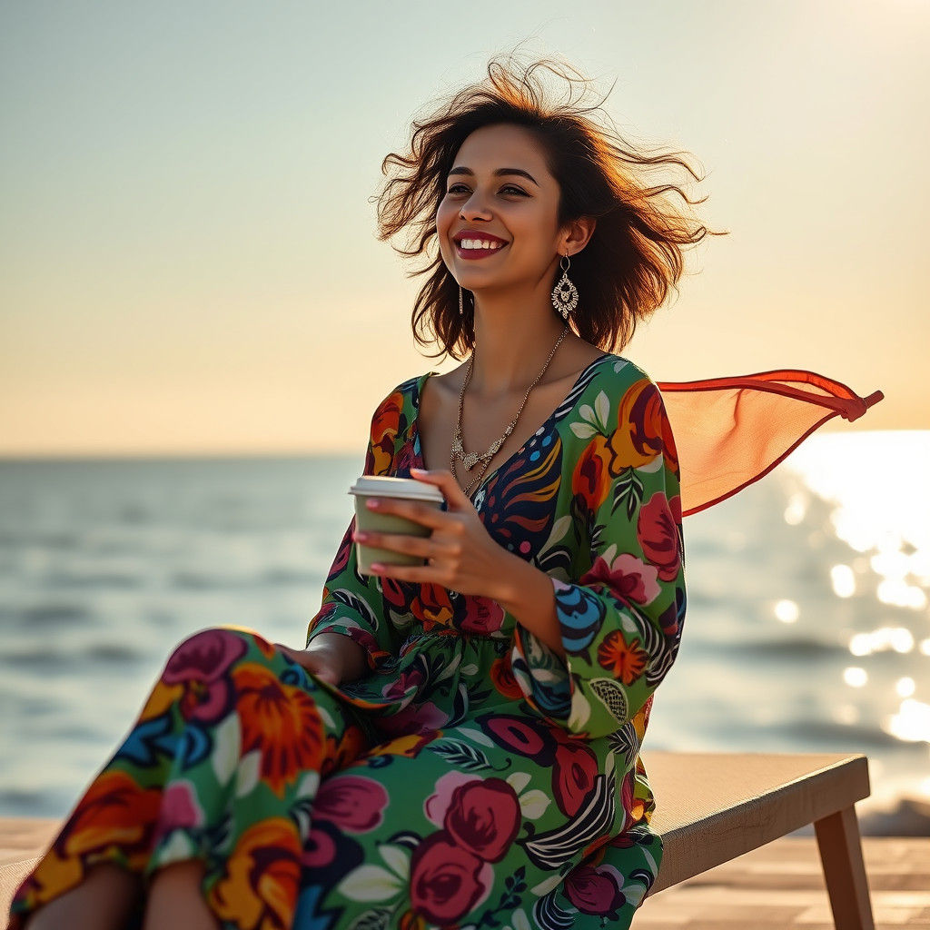 Woman in Colorful Jelaba by the Sea