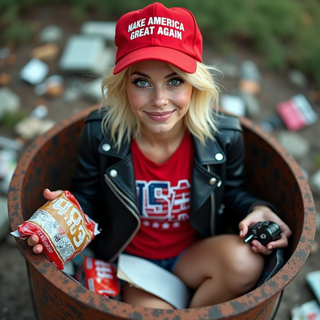 Garbage Pail Kid Style Woman in Trash Can