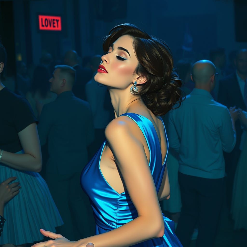 Blue Satin Dancer in Crowded Shadows: A Neon-Infused Scene